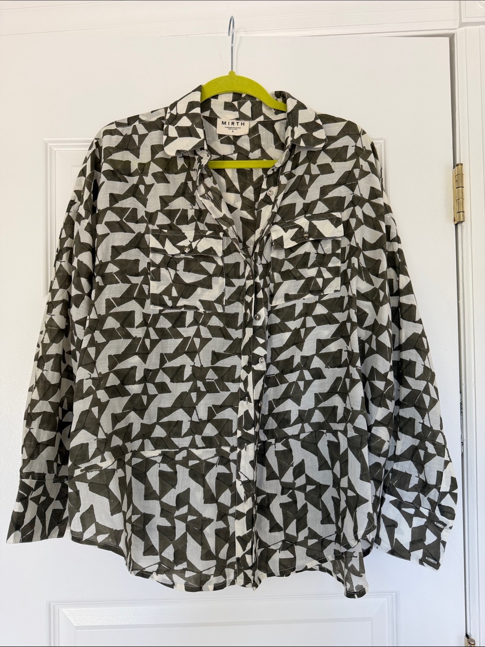 Mirth Moss & Off-White Semi-Sheer Geometric Button-Down Shirt